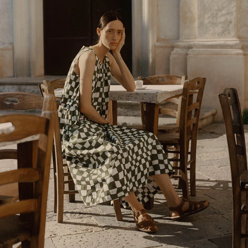 Block Print Sleeveless Dress, Olive