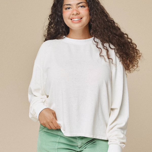 Cropped Long Sleeve Tee, Washed White