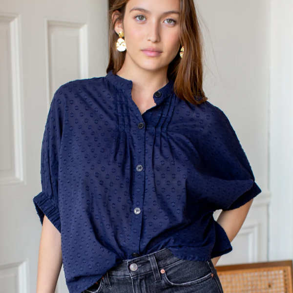 Mandarin Collar Top, Maritime Swiss Dot Organic