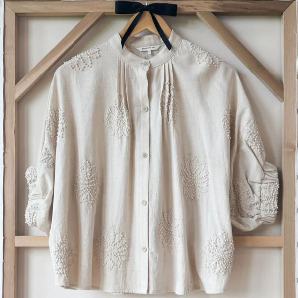 Mandarin Collar Top, French Knot Floral Olive