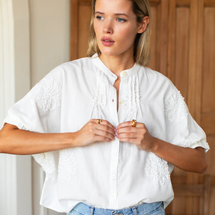Mandarin Collar Top, French Knot Floral Ivory
