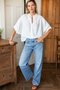Mandarin Collar Top, French Knot Floral Ivory