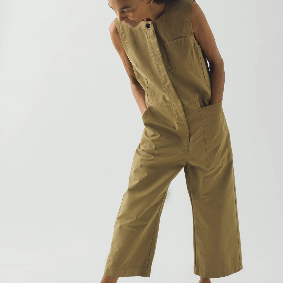 Sleeveless Cotton Twill Jumpsuit, Olive Leaf