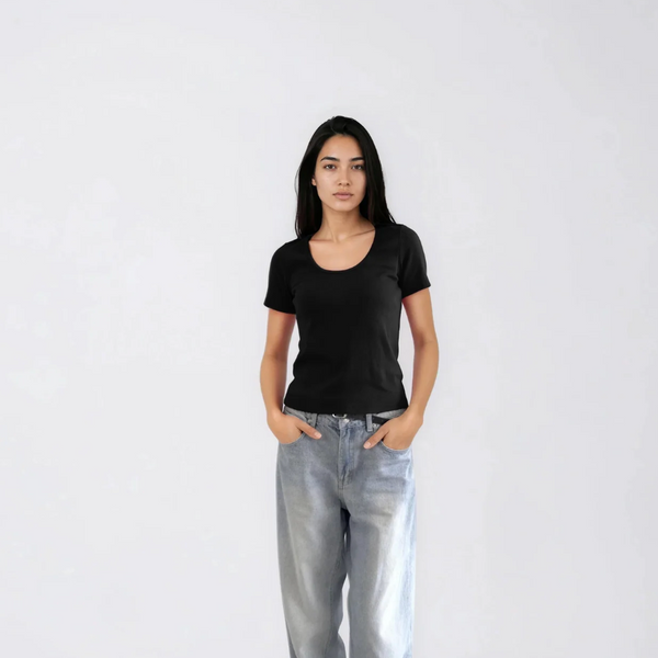 Short Sleeve Ribbed Top, Black