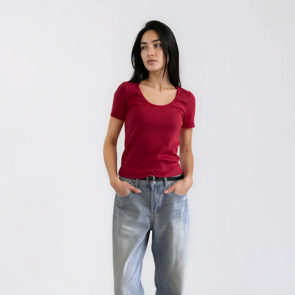 Short Sleeve Ribbed Top, Red