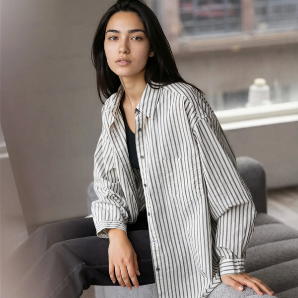 Oversized Stripe Button-Down Shirt, Black
