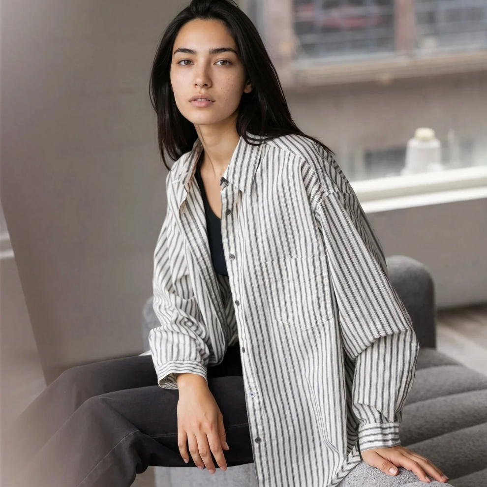 Oversized Stripe Button-Down Shirt, Black