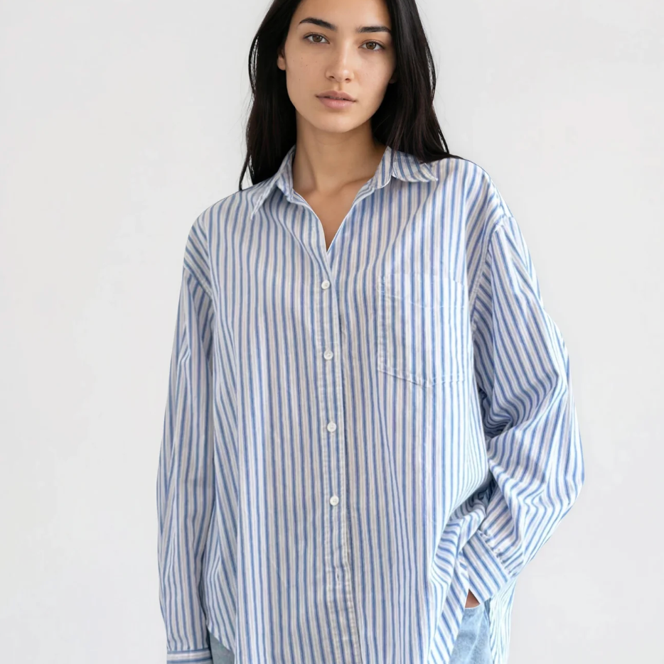 Oversized Stripe Button-Down Shirt, Navy