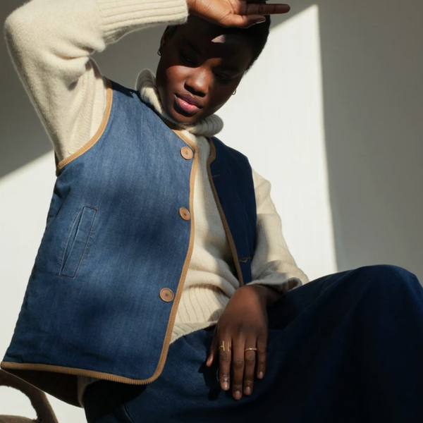 Benji Vest, Blue + Hazelnut