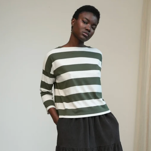 Leia-Sue Stripe Top, Olive + Ecru
