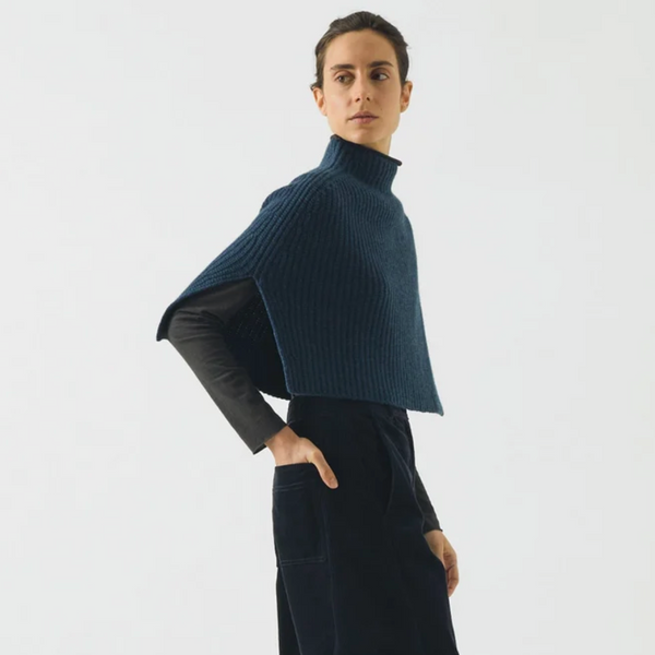 Ribbed Wool Cashmere Poncho, Navy