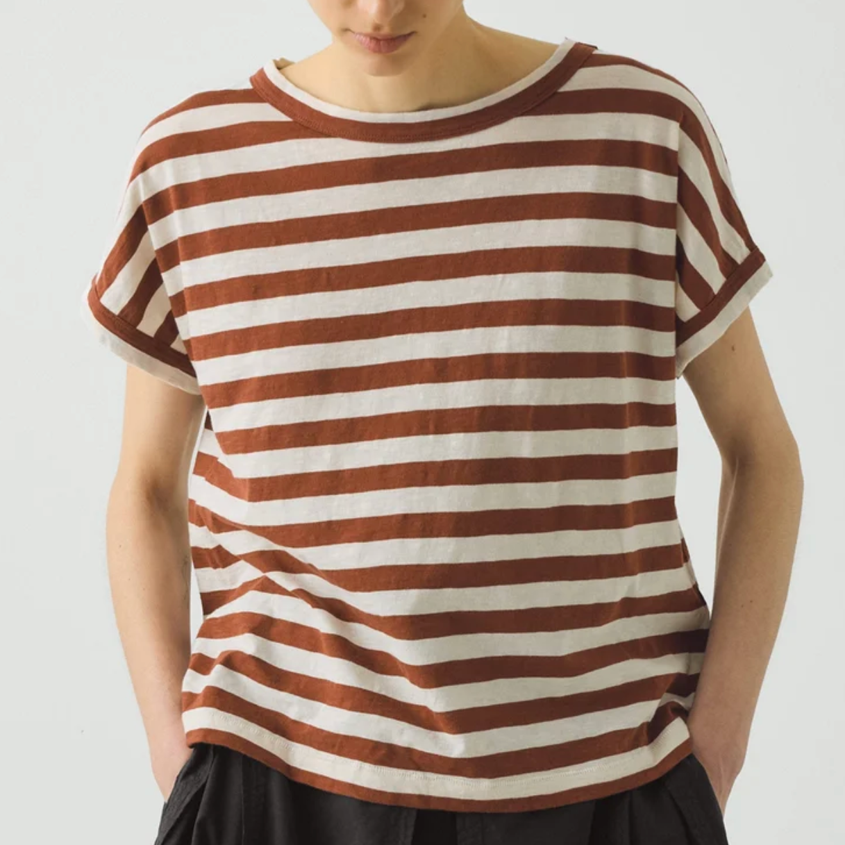 Alda Maypole Stripe Easy Tee, Red Rock/Ecru