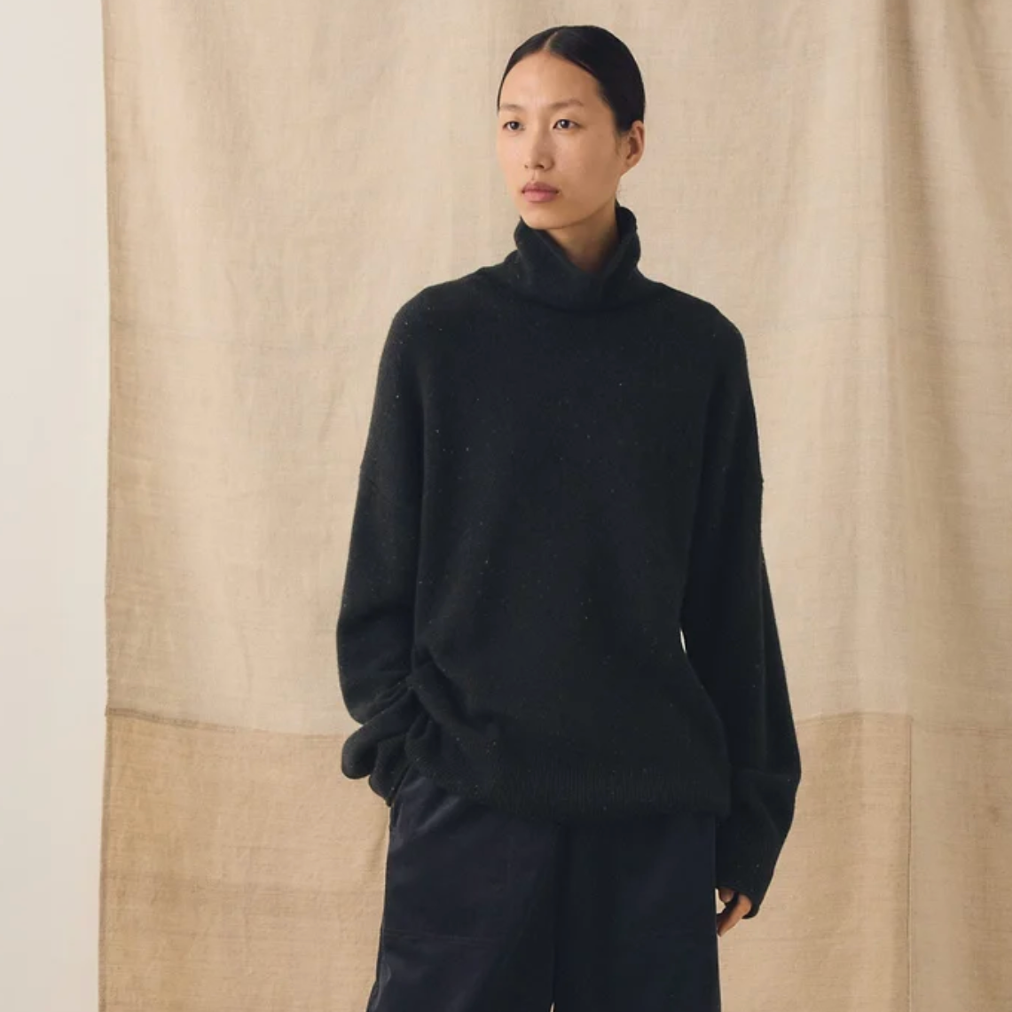 Wool Cashmere Rool Neck Sweater, Speckled Black