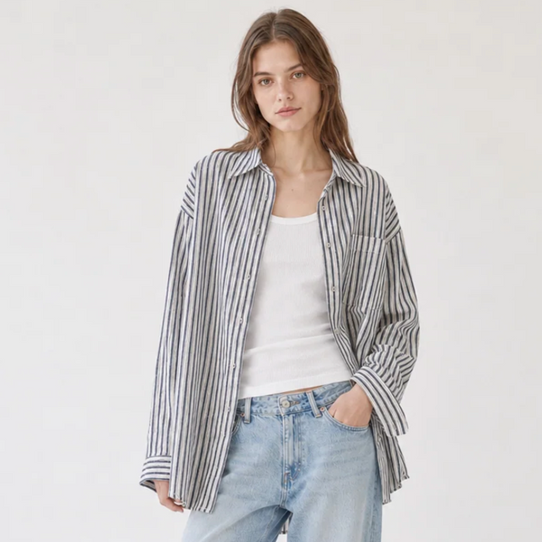 Oversized Stripe Button-Down Shirt, Navy