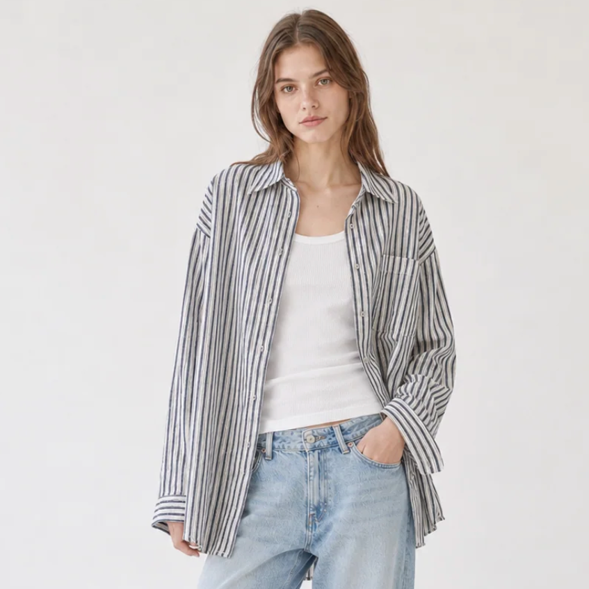 Oversized Stripe Button-Down Shirt, Navy