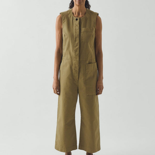 Sleeveless Cotton Twill Jumpsuit, Olive Leaf