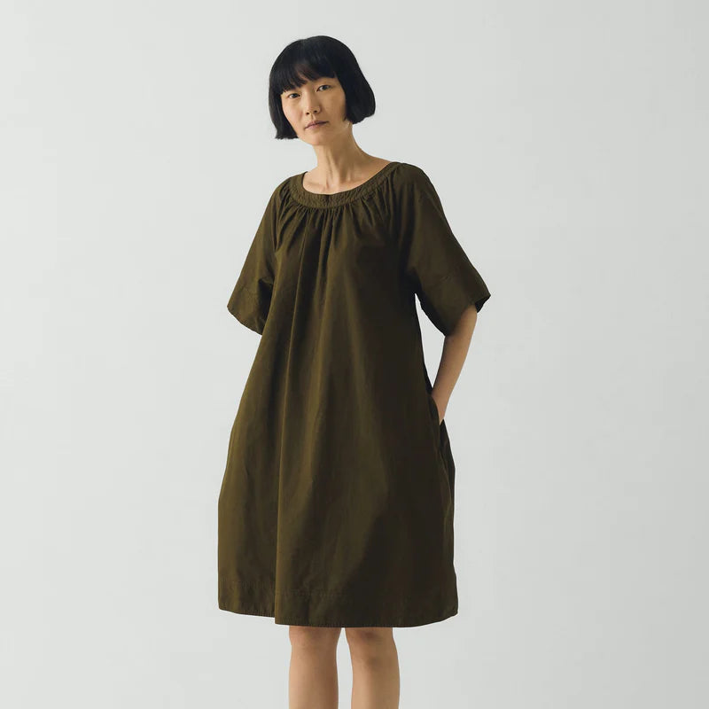 Gathered Cotton Twill Dress, Bronze Green