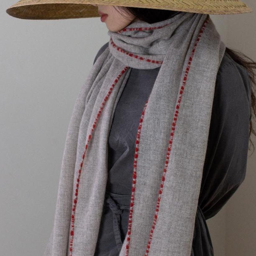 Cashmere Scarf, Grey with Red Edge